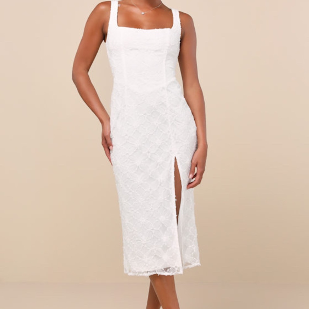 Lulu's White Lace Midi Dress with Front Slit